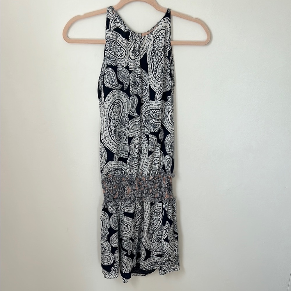 Ramy Brook 100% Silk Navy White and Peach Paisley Dress Ruched Waist XS